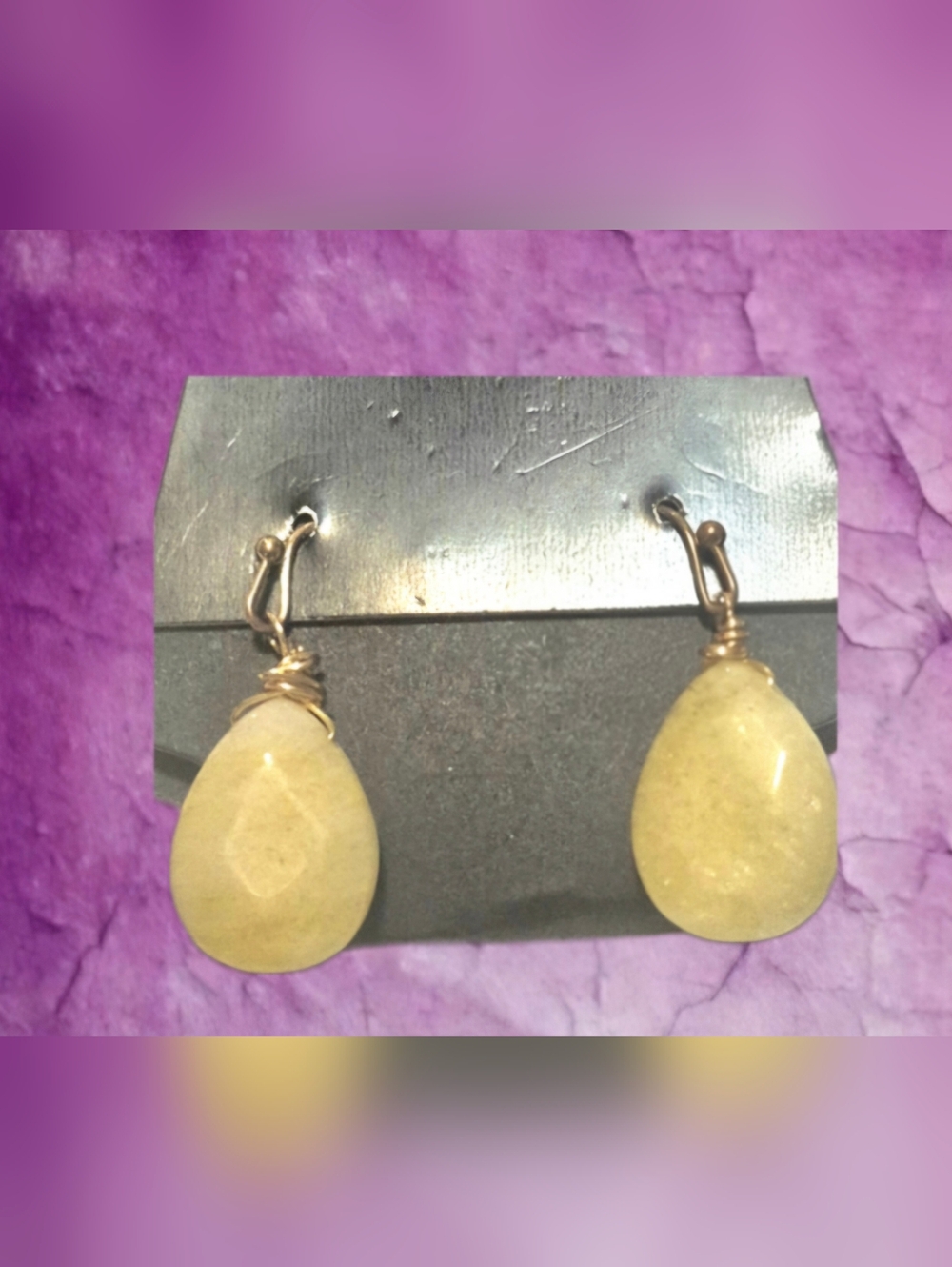 Yellow Jade Teardrop Stone Wire-Wrap Earrings - Women Jewelry
